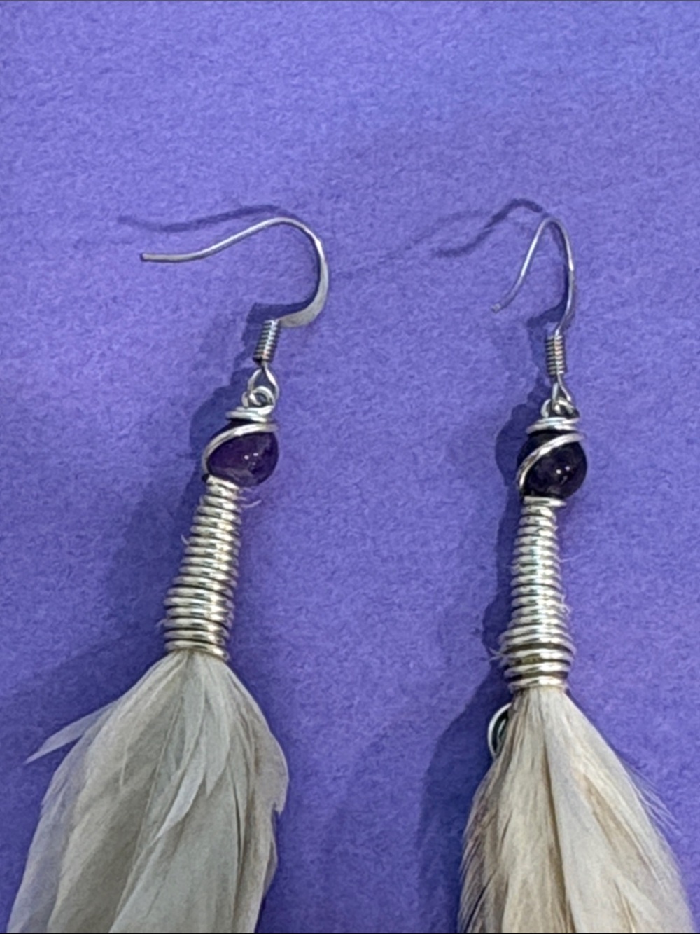 Handmade Feather Drop Earrings - Purple & Neutral tones - Picture 4 of 5